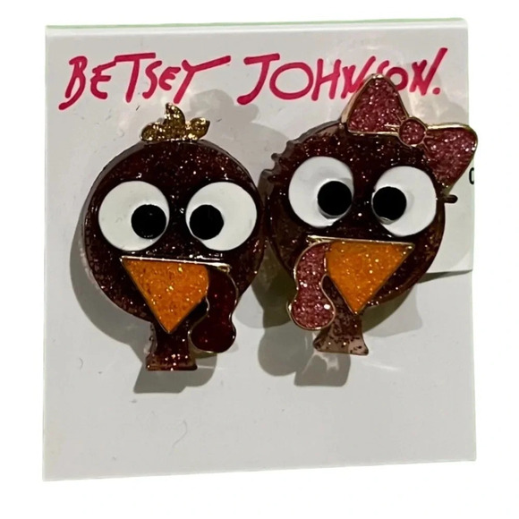 BETSEY JOHNSON Thanksgiving Holiday Male Female Turkey Earrings RETIRED NEW NWT - Picture 1 of 4